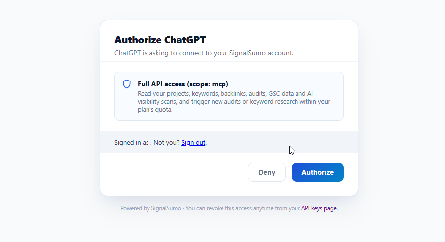 SignalSumo authorization screen &mdash; ChatGPT is asking to connect to your SignalSumo account, with a Deny and Authorize button.