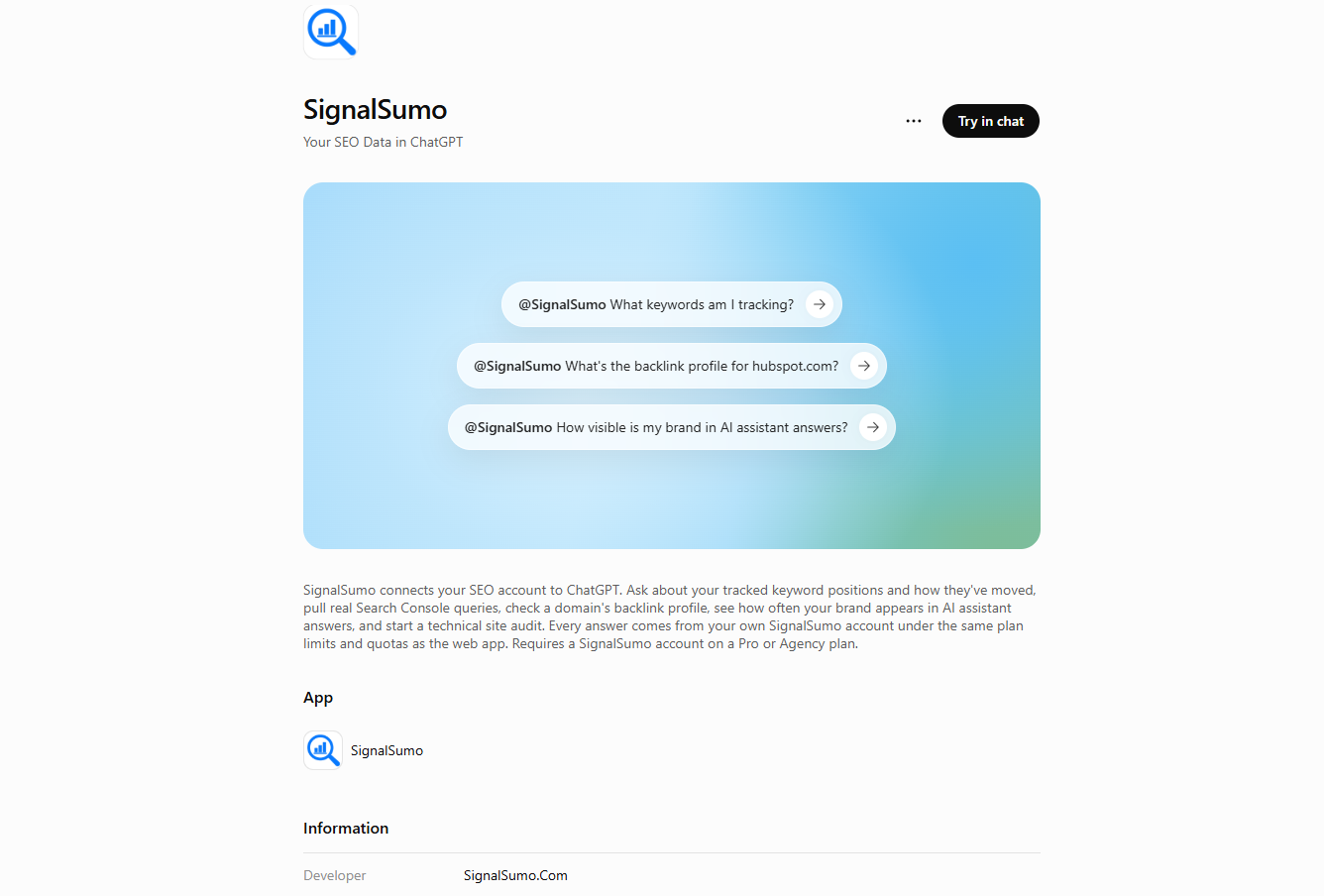SignalSumo listing on the ChatGPT Plugin Store &mdash; Your SEO Data in ChatGPT, with Try in chat button and three example @SignalSumo prompts.