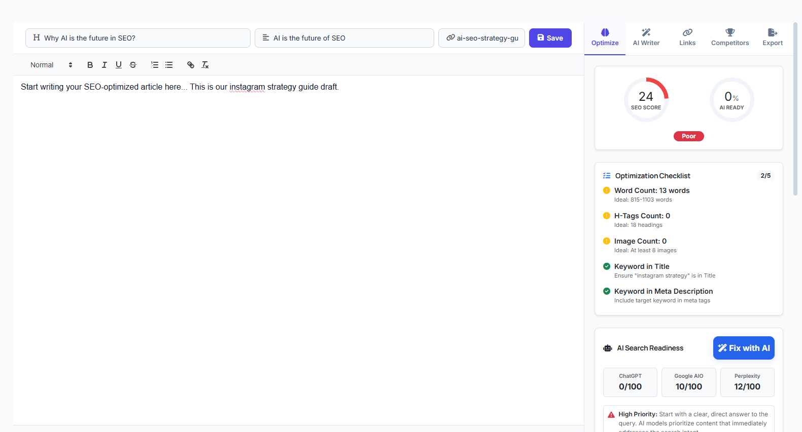 AI Content Optimizer editor