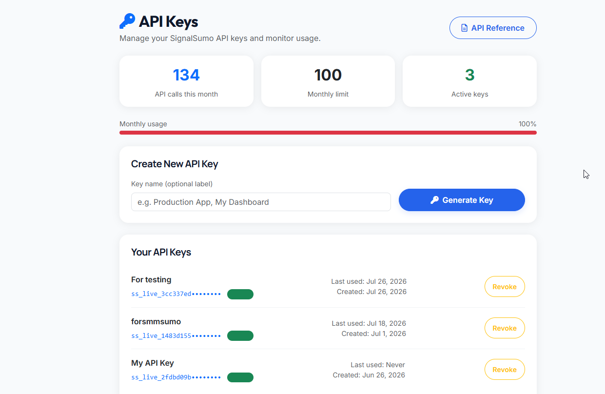 Developer API dashboard