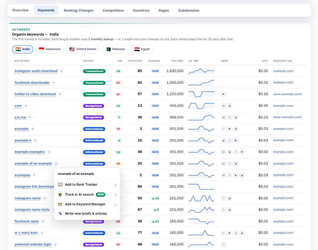 Every keyword they rank for — per market