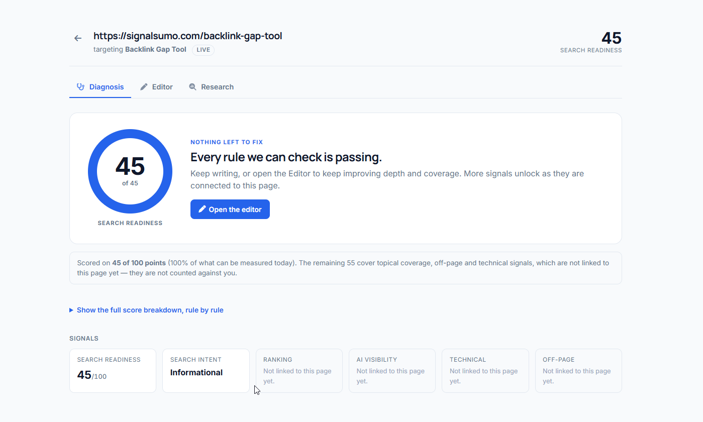 Diagnosis — one Search Readiness Score, and the points it refuses to guess